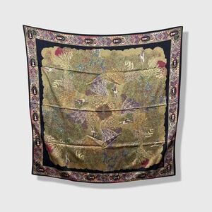 Vintage Belli Silk Scarf OS Black Gold Floral Bird Print Bohemian Elegant Square